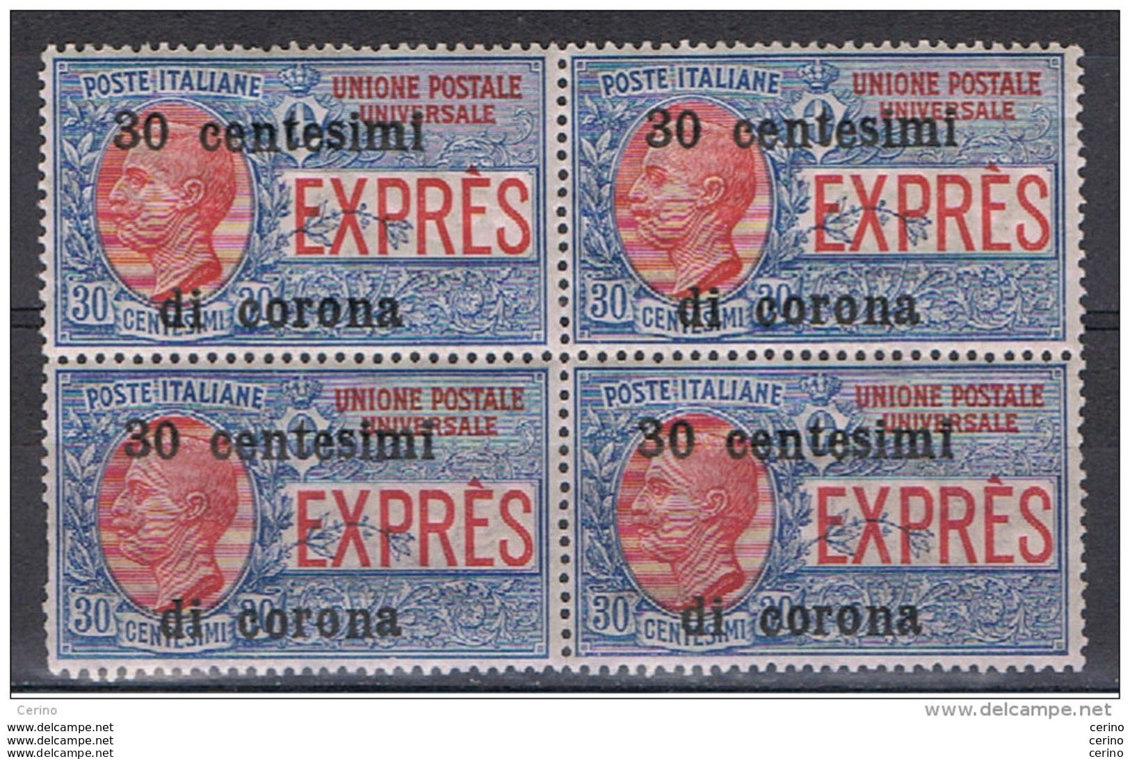 TRENTO  &  TRIESTE  VARIETA': 1919  EX. SOPRASTAMP. -  30 C./30 C. AZZ. E  ROSSO  N. -  CIFRE  DISALLINEATE  -  SASS. 2i - Trentino & Triest