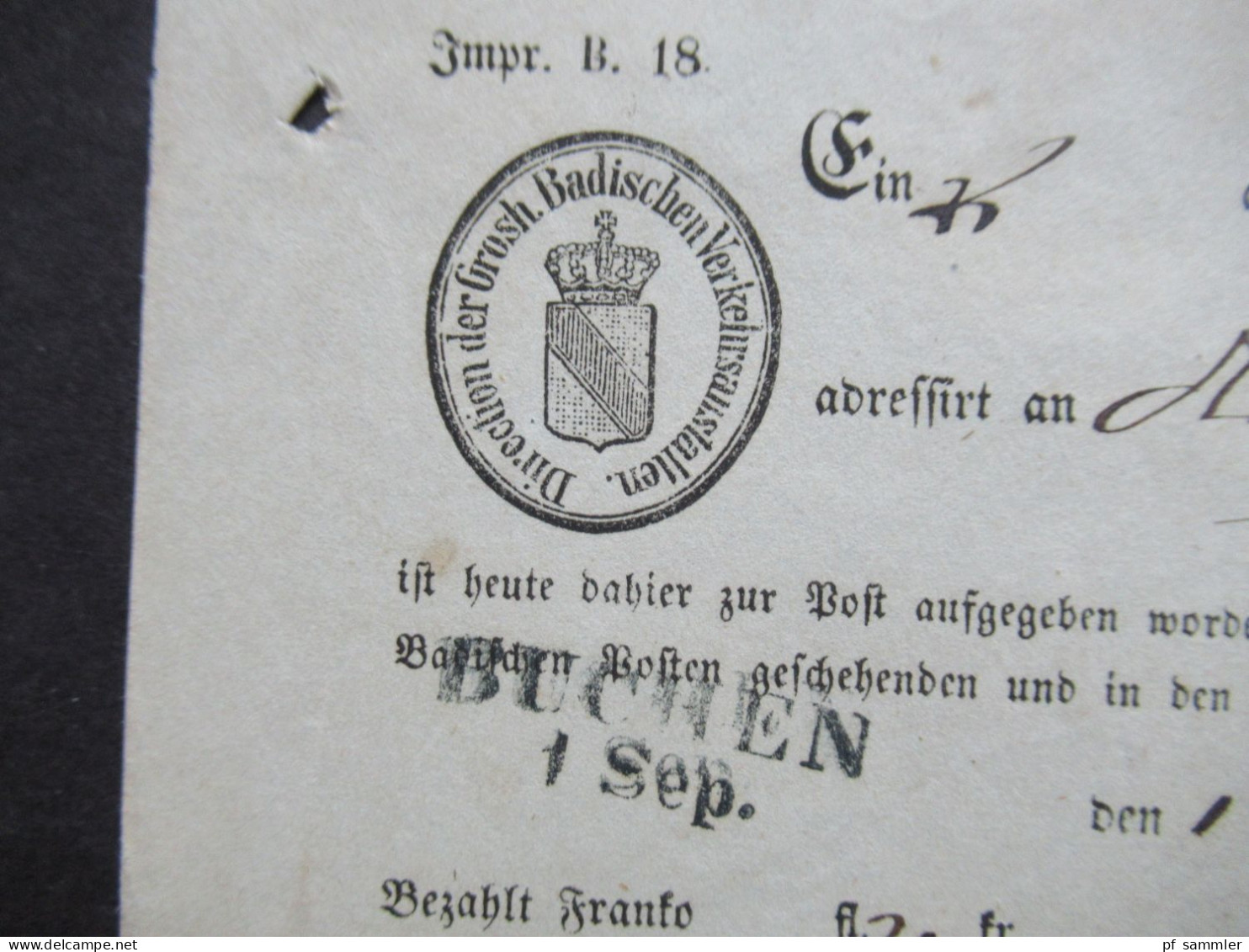 AD Baden 1863 Post Einlieferungsschein Direction Der Grossh. Badischen Verkehrsanstalten Stempel L2 Buchen 1 Sept. - Storia Postale