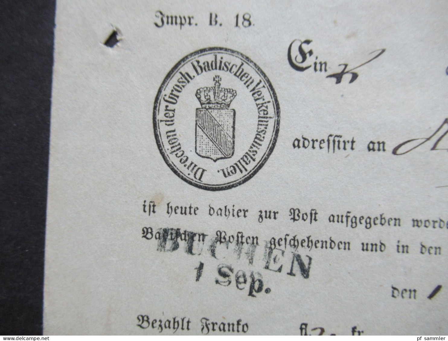 AD Baden 1863 Post Einlieferungsschein Direction Der Grossh. Badischen Verkehrsanstalten Stempel L2 Buchen 1 Sept. - Brieven En Documenten