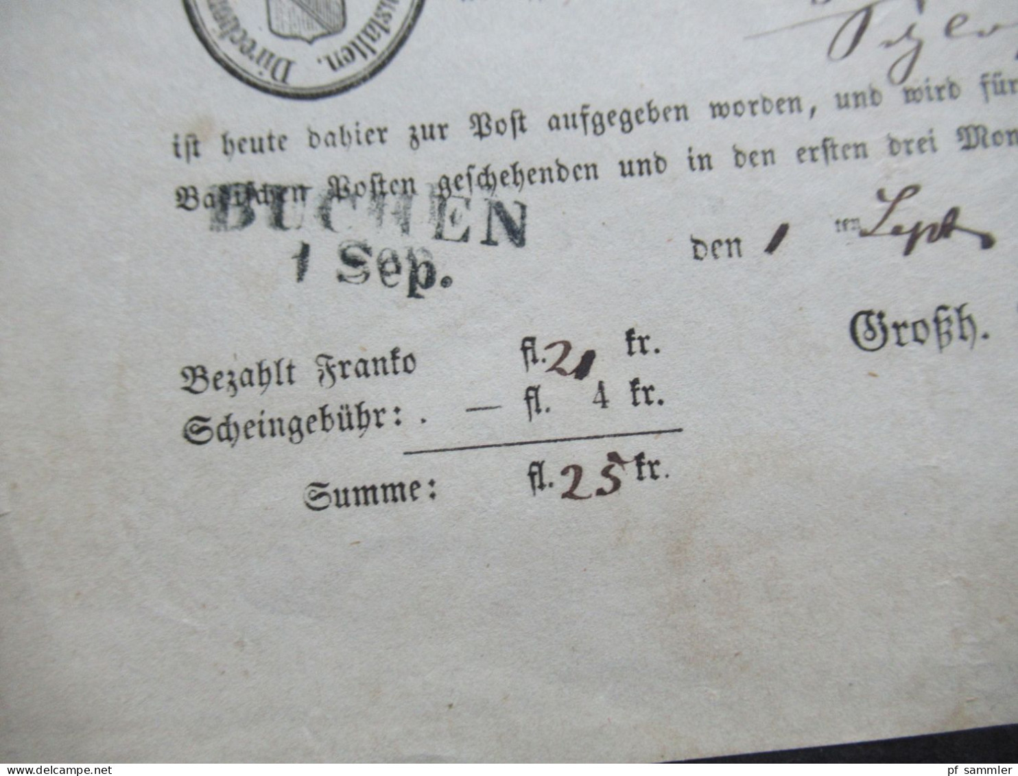AD Baden 1863 Post Einlieferungsschein Direction Der Grossh. Badischen Verkehrsanstalten Stempel L2 Buchen 1 Sept. - Cartas & Documentos
