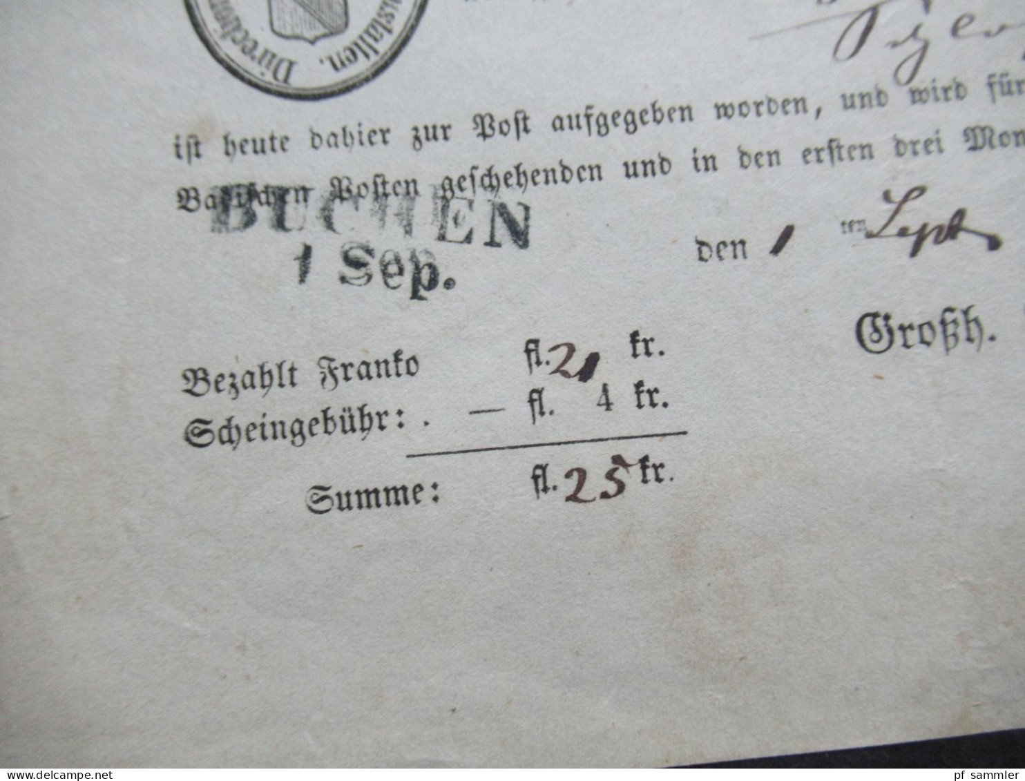 AD Baden 1863 Post Einlieferungsschein Direction Der Grossh. Badischen Verkehrsanstalten Stempel L2 Buchen 1 Sept. - Brieven En Documenten