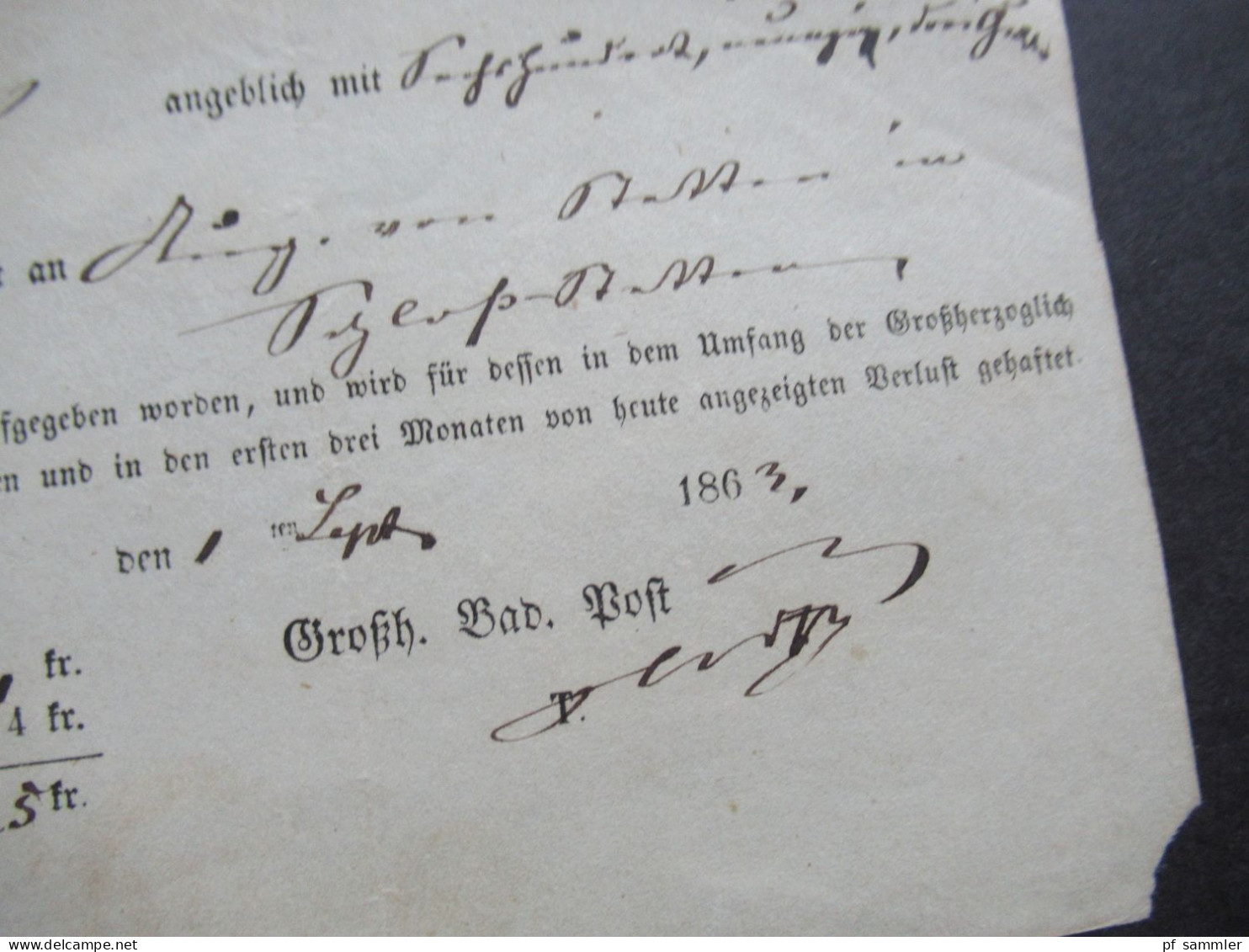 AD Baden 1863 Post Einlieferungsschein Direction Der Grossh. Badischen Verkehrsanstalten Stempel L2 Buchen 1 Sept. - Lettres & Documents