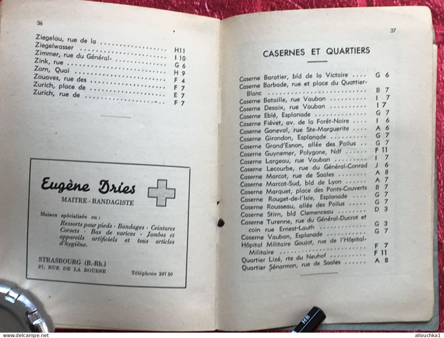 Rare de 1930- Ancien Plan de la ville de Strasbourg & Nomenclature des rues--Publicités Vintage éditions P.H. Heitz