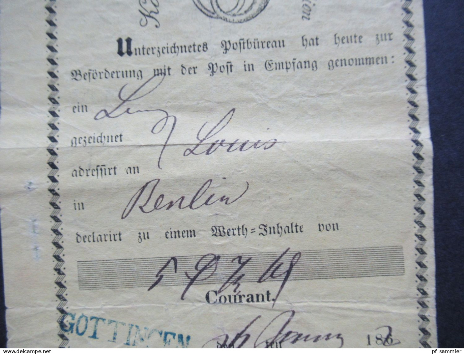 AD 1862 Hannover Aufgabe Schein Königl Post Administration Franco 5 Pfennige Blauer Stempel L1 Göttingen - Hanover