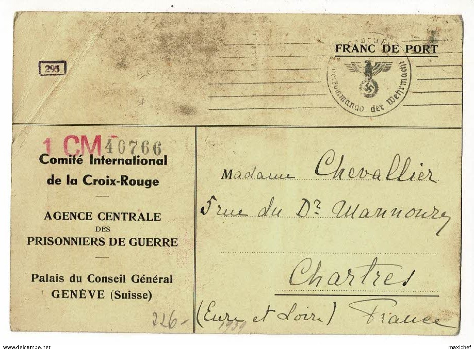 Carte Franc De Port  "Comité International Croix Rouge" Cachets Croix Gammée & Croix Rouge - Pas De Date - Red Cross