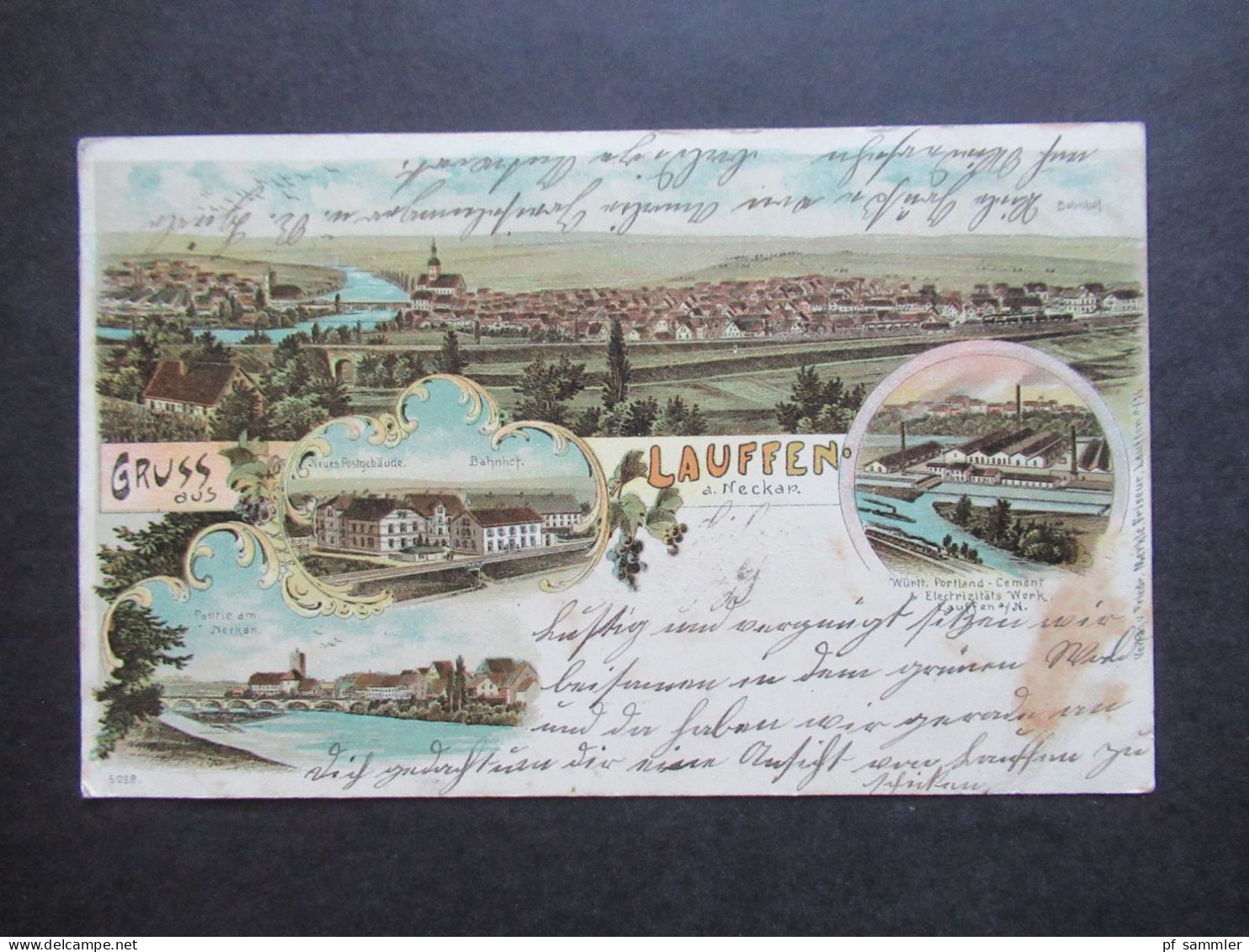 AK Litho 1899 Mehrbild AK AD Württemberg Gruss Aus Laufen Am Neckar / Neues Postgebäude Cement Werk, Bahnhof Usw. - Storia Postale