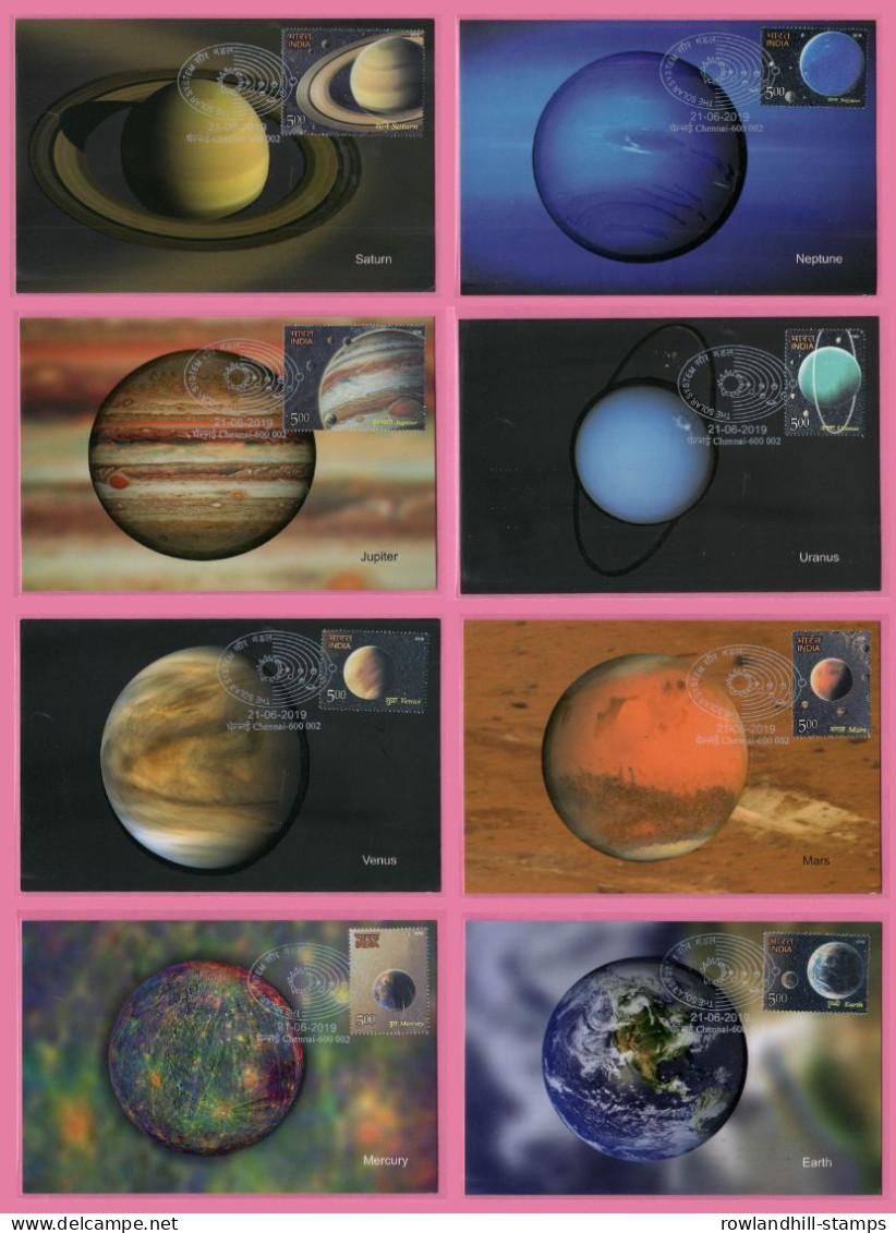 India, 2018 - 2019, Set Of 8 MAXIM CARDS On THE SOLAR SYSTEM, Stamped And WHITE Colour Cancellation, Planet, Space, A23 - Covers & Documents