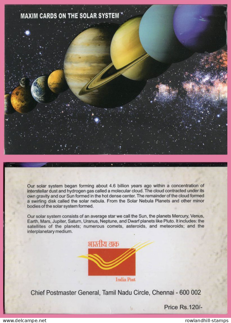 India, 2018 - 2019, Set Of 8 MAXIM CARDS On THE SOLAR SYSTEM, Stamped And WHITE Colour Cancellation, Planet, Space, A23 - Lettres & Documents