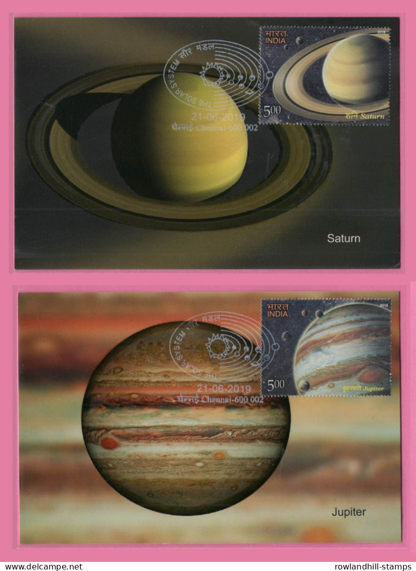 India, 2018 - 2019, Set Of 8 MAXIM CARDS On THE SOLAR SYSTEM, Stamped And WHITE Colour Cancellation, Planet, Space, A23 - Lettres & Documents