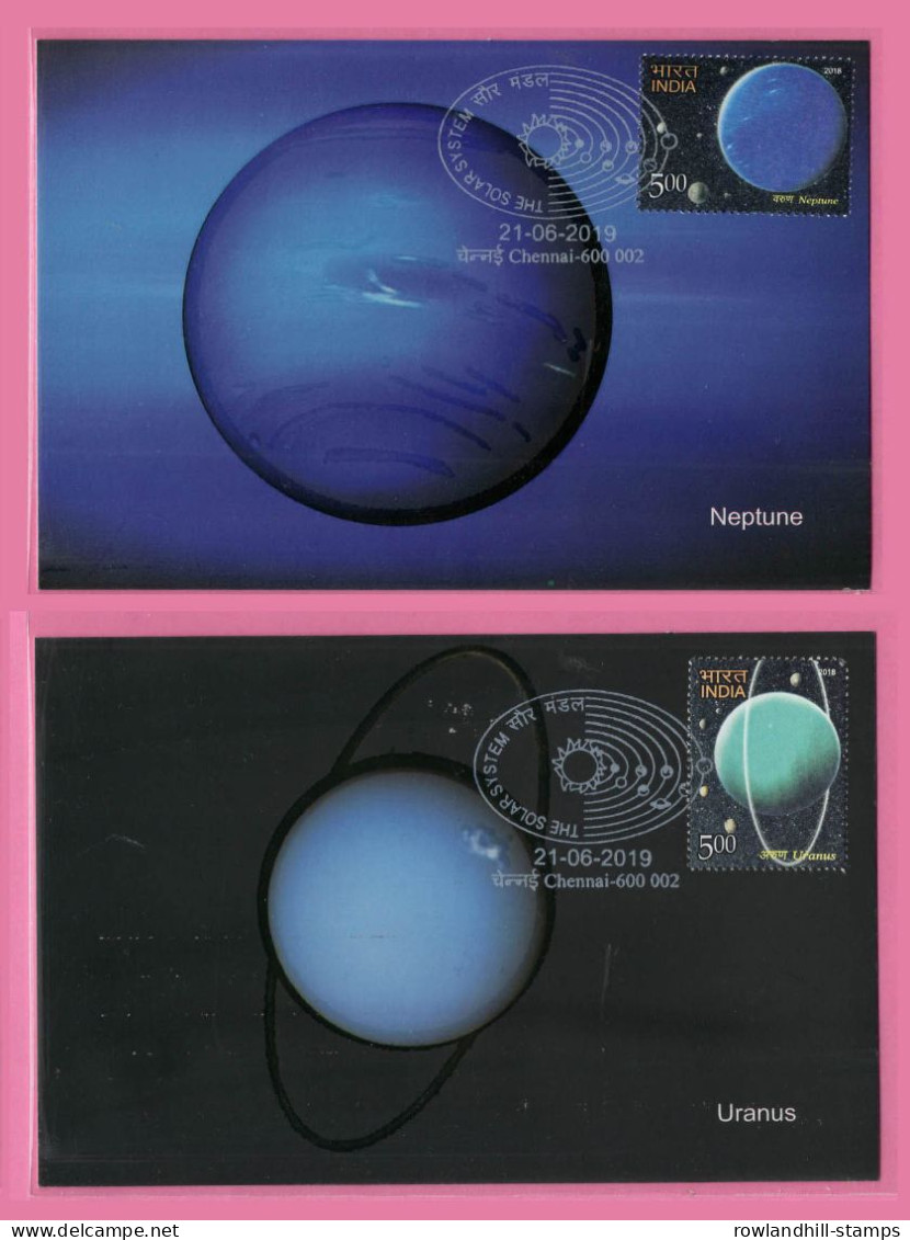 India, 2018 - 2019, Set Of 8 MAXIM CARDS On THE SOLAR SYSTEM, Stamped And WHITE Colour Cancellation, Planet, Space, A23 - Briefe U. Dokumente