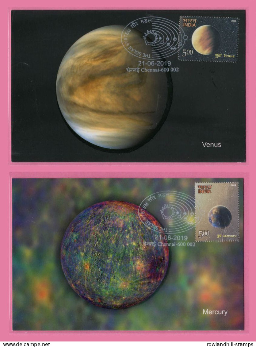 India, 2018 - 2019, Set Of 8 MAXIM CARDS On THE SOLAR SYSTEM, Stamped And WHITE Colour Cancellation, Planet, Space, A23 - Covers & Documents