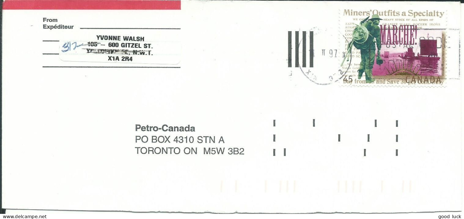 CANADA 45c YELLOWKNIFE POUR TORONTO ( CANADA ) DE 1997 LETTRE COVER - Briefe U. Dokumente