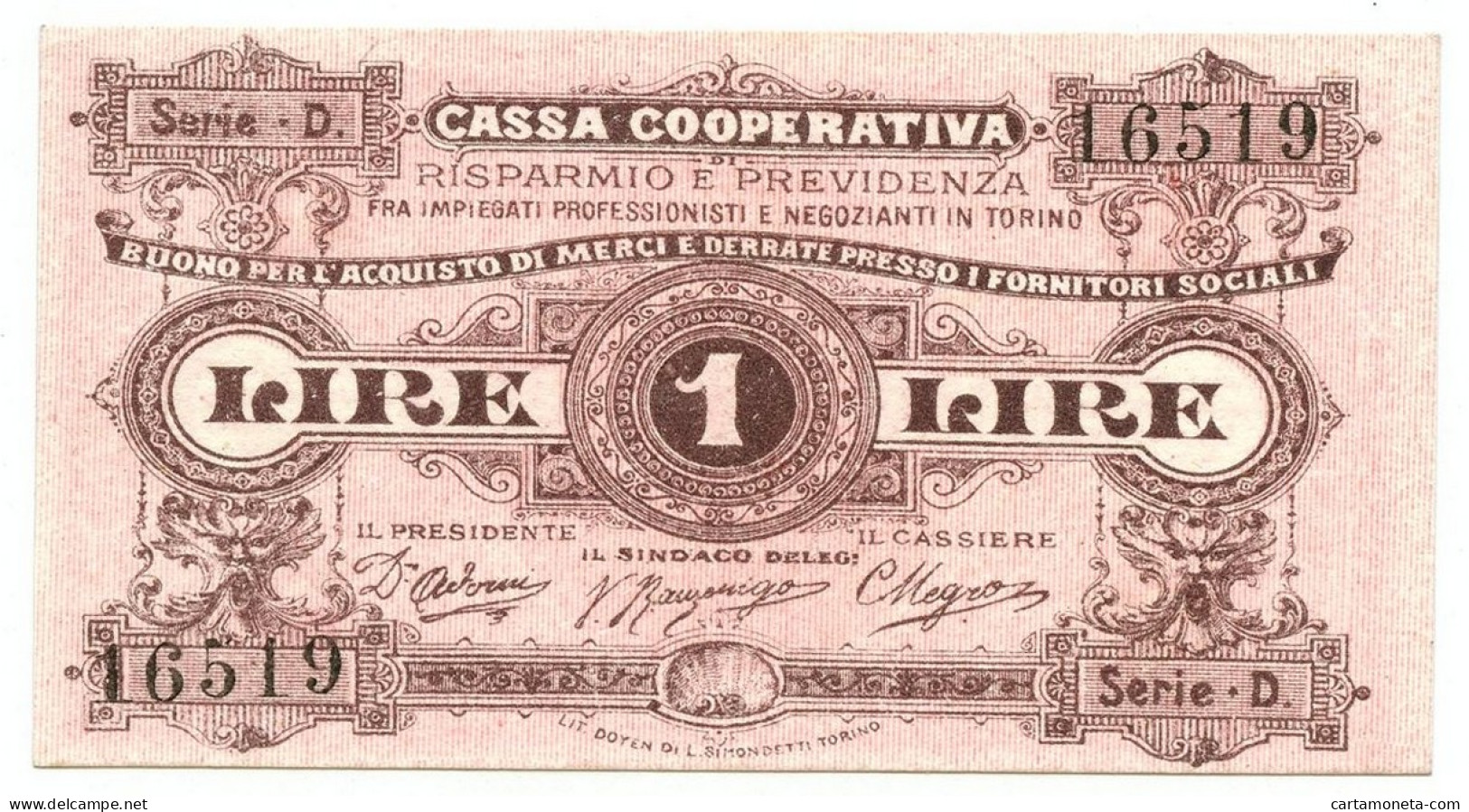 1 LIRA BUONO ACQUISTO CASSA RISPARMIO E PREVIDENZA TORINO 1893-1894 QFDS - Autres & Non Classés