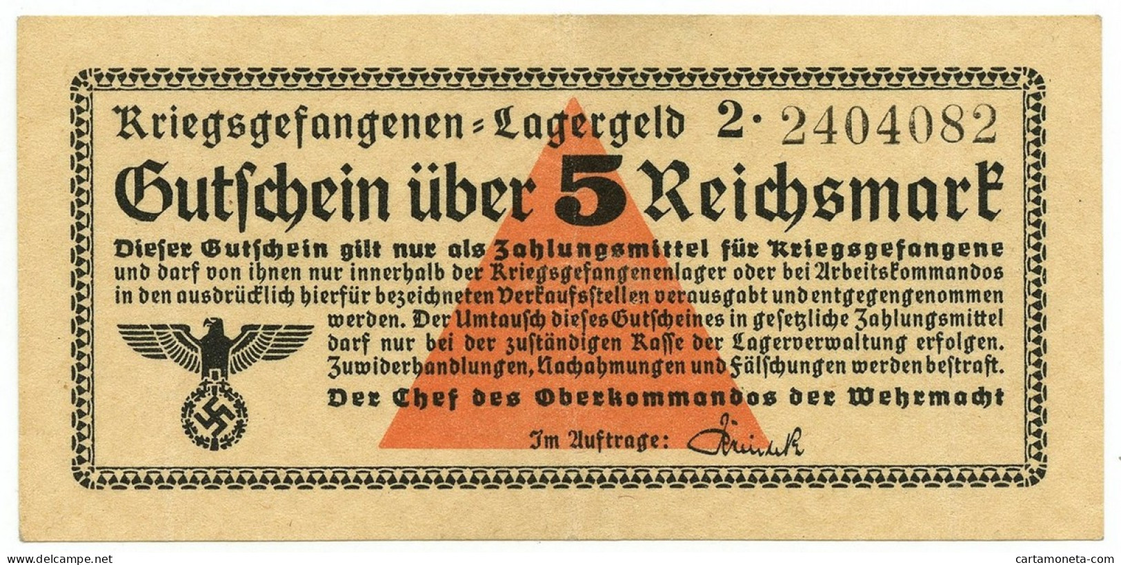 5 REICHSMARK PRIGIONIERI DI GUERRA WWII GERMANIA LAGERGELD 1939-1945 BB/SPL - Altri & Non Classificati