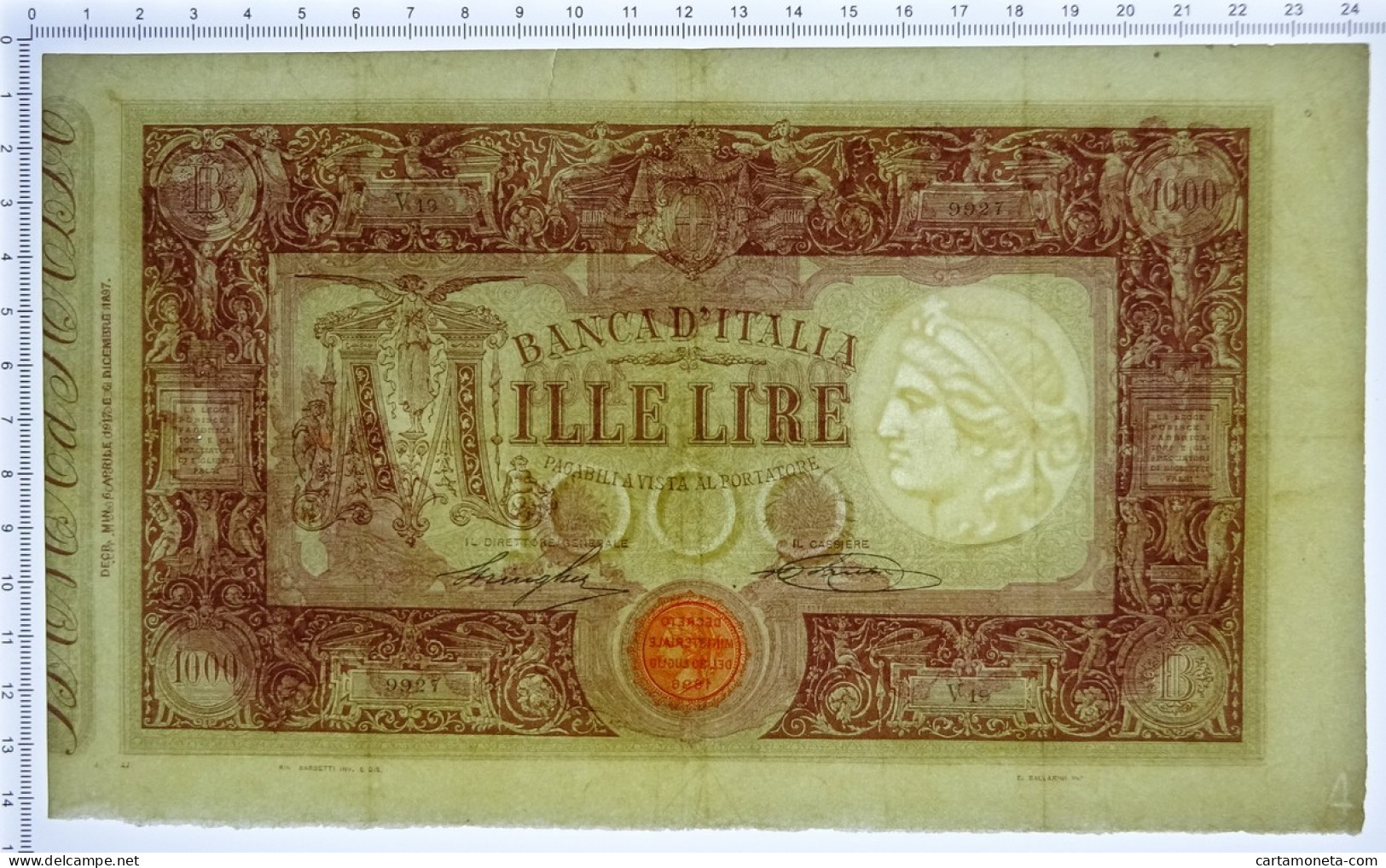 1000 LIRE BARBETTI GRANDE M MATRICE LATERALE TESTINA DECRETO 06/04/1917 BB/BB+ - Regno D'Italia - Altri