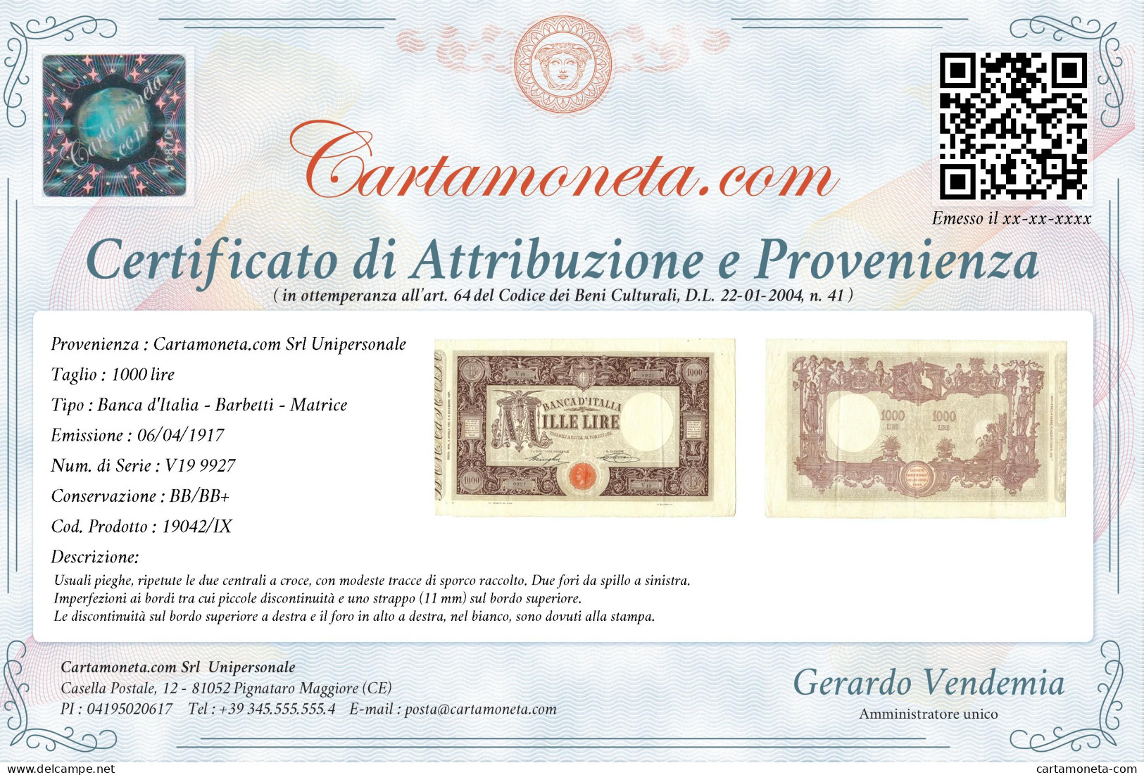 1000 LIRE BARBETTI GRANDE M MATRICE LATERALE TESTINA DECRETO 06/04/1917 BB/BB+ - Regno D'Italia - Altri