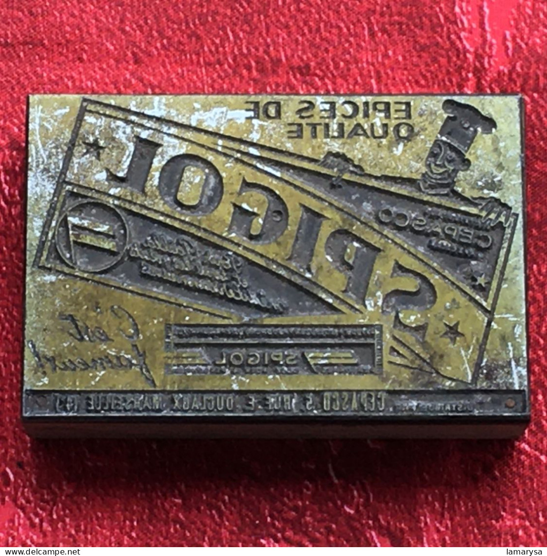 Spigol épices Safran-Plaque d'Imprimerie Vintage-Publicité-Tampon publicitaire-Marseille-pr étiquète scrapbooking-déco
