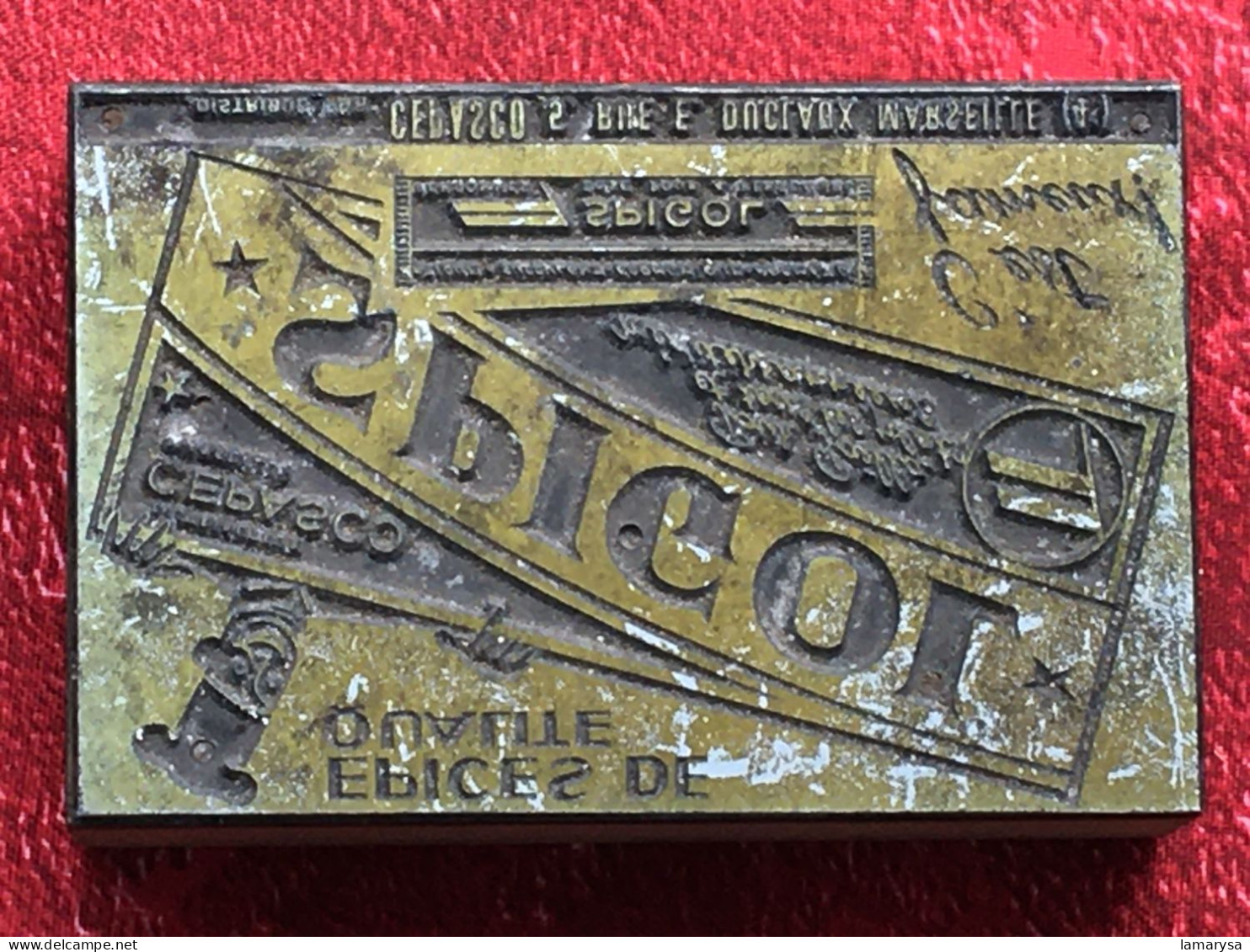 Spigol épices Safran-Plaque d'Imprimerie Vintage-Publicité-Tampon publicitaire-Marseille-pr étiquète scrapbooking-déco