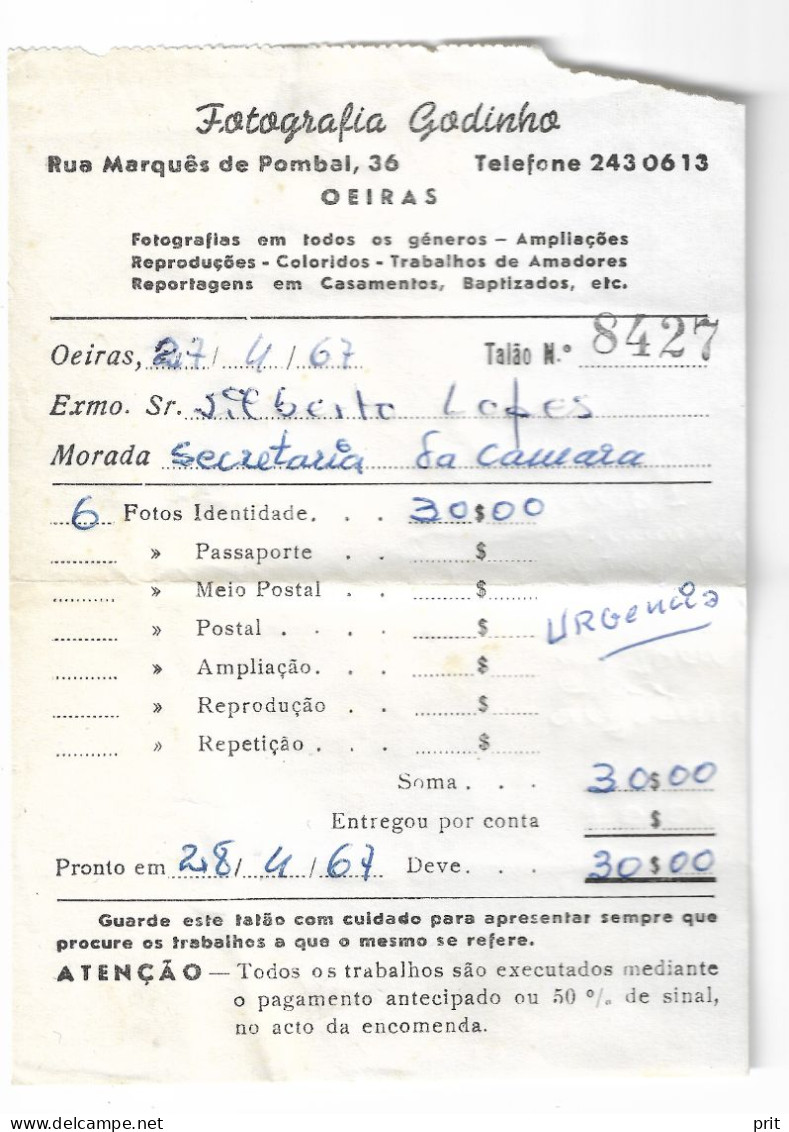 Fotografia Godinho, Oeiras Lisboa Lisbon Portugal 1967 Vintage Photographer's Bill Invoice - Portugal