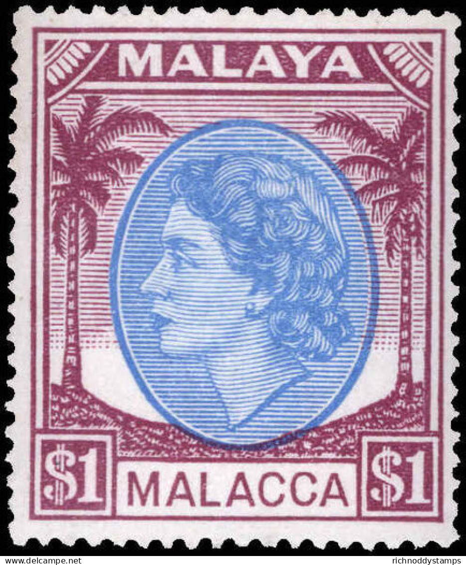 Malacca 1954 &#36;1 Blue & Purple Lightly Mounted Mint. - Malacca