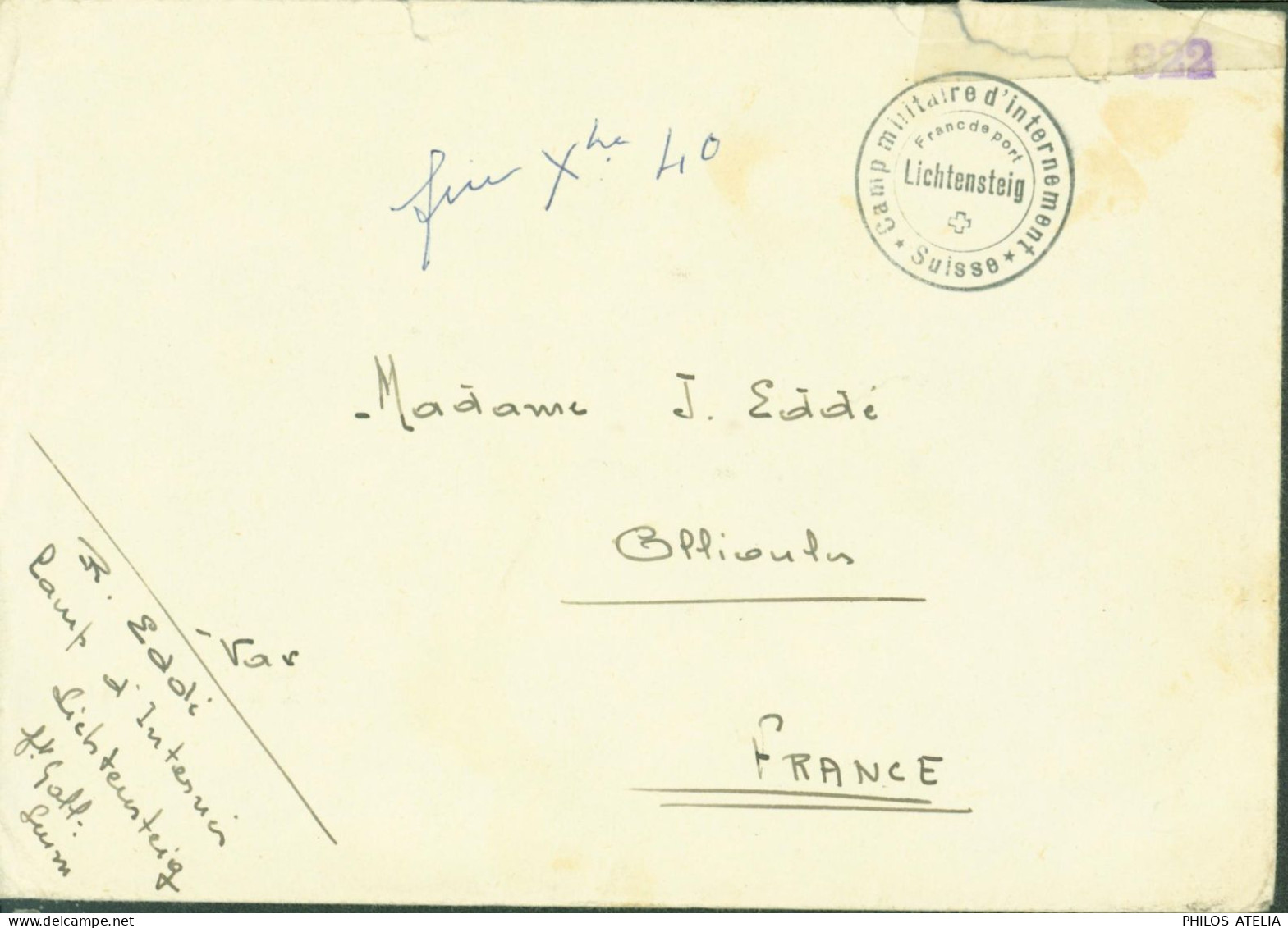 Cachet Camp Militaire D'internement Suisse Franc De Port Lichtensteig Guerre 40 FM Bande Censure Militaire Croix Suisse - Postmarks