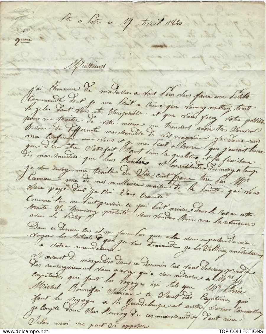 1840 "Outremer Le Havre Pointe à Pitre Guadeloupe  => L.Honnoré Négocants Marseille Navigation Liste  Denrées Coloniales - 1800 – 1899