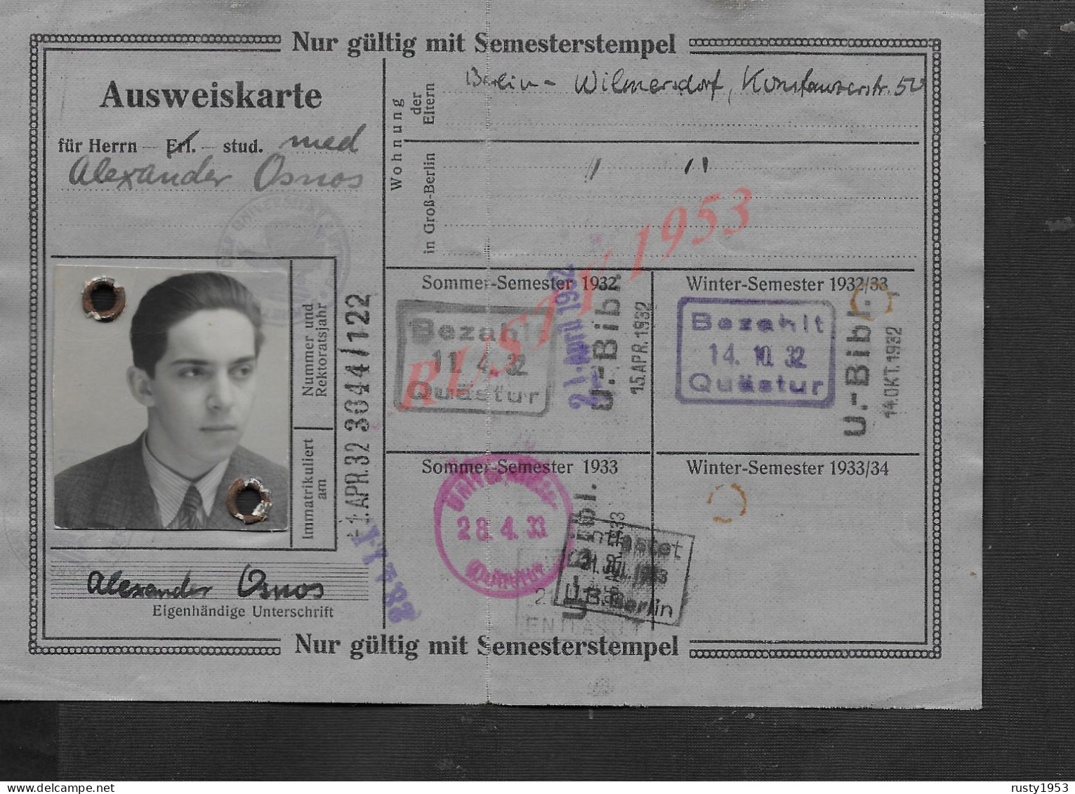 ALLEMAGNE CARTE D IDENTITÉ ILLUSTRÉE DE ALEXANDER OSNOS DIVERS CACHETS 1932 BERLIN : - Autres & Non Classés