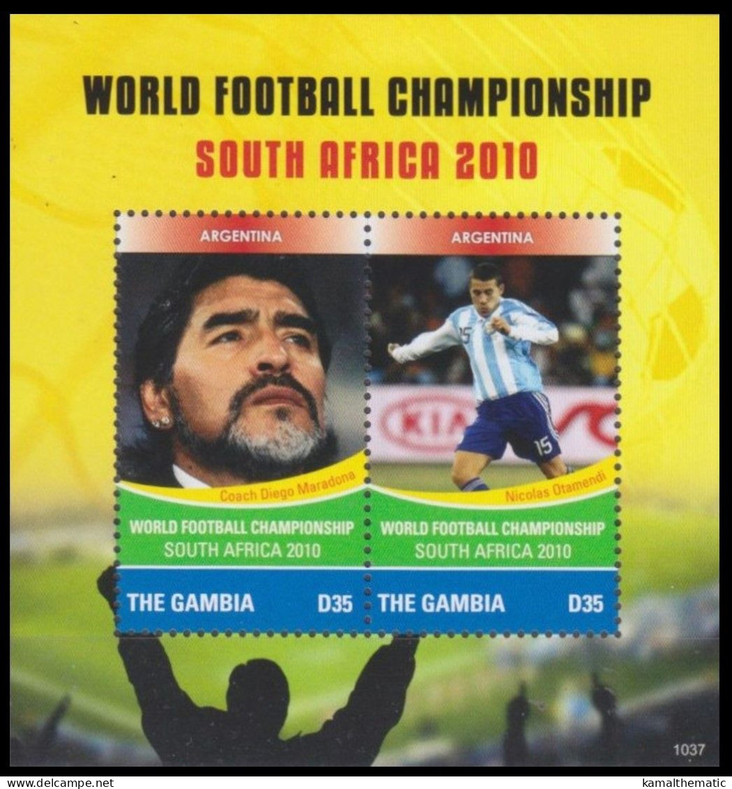 Gambia 2010 MNH SS, South Africa Football WC Coach Diego Maradona & Otamendi, Sports - 2010 – Sud Africa