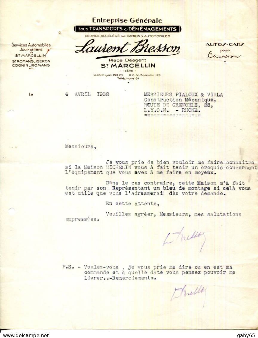 FACTURE.38.SAINT MARCELLIN.ENTREPRISE GENERALE DE TRANSPORTS & DEMENAGEMENT.LAURENT BRESSON PLACE DEAGENT. - Verkehr & Transport