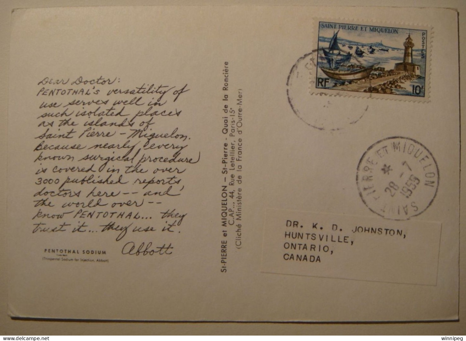 Dear Doctor.Abbott.St.Pierre Et Miquelon.1959.To Canada. - Briefe U. Dokumente