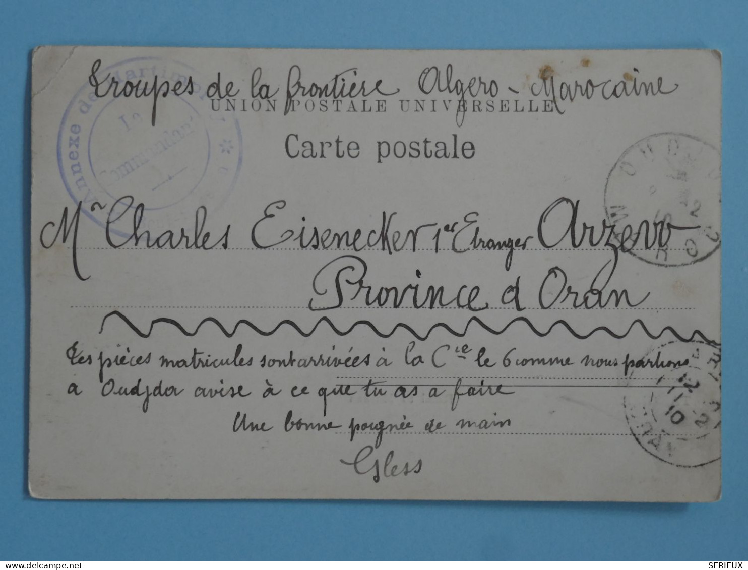 BU16  MAROC  BELLE CARTE  FM RARE 1910   TROUPES FRONTIERE ALGERO.MAROCAINE A ORAN + AFF.  INTERESSANT ++ - Covers & Documents