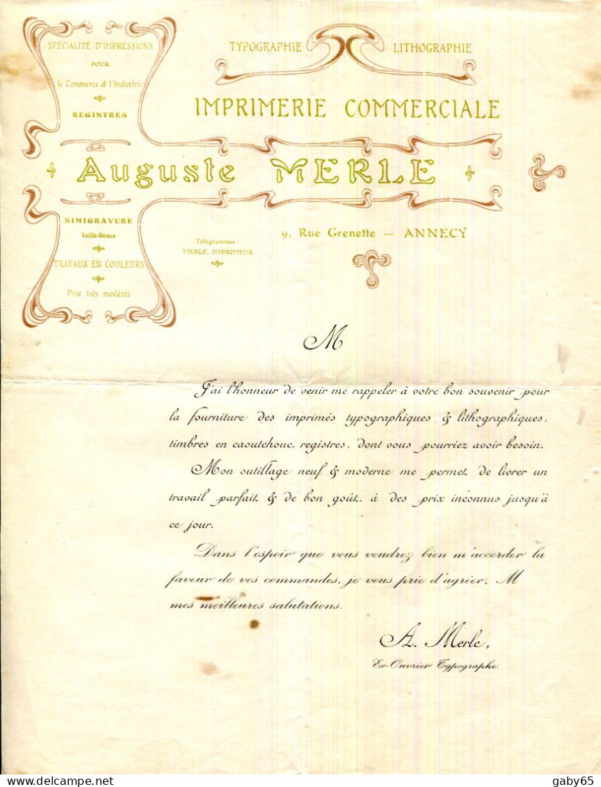 FACTURE.74.HAUTE SAVOIE.ANNECY.TYPOGRAPHIE.LITHOGRAPHIE.IMPRIMERIE COMMERCIALE.AUGUSTE MERLE 9 RUE GRENETTE. - Imprenta & Papelería