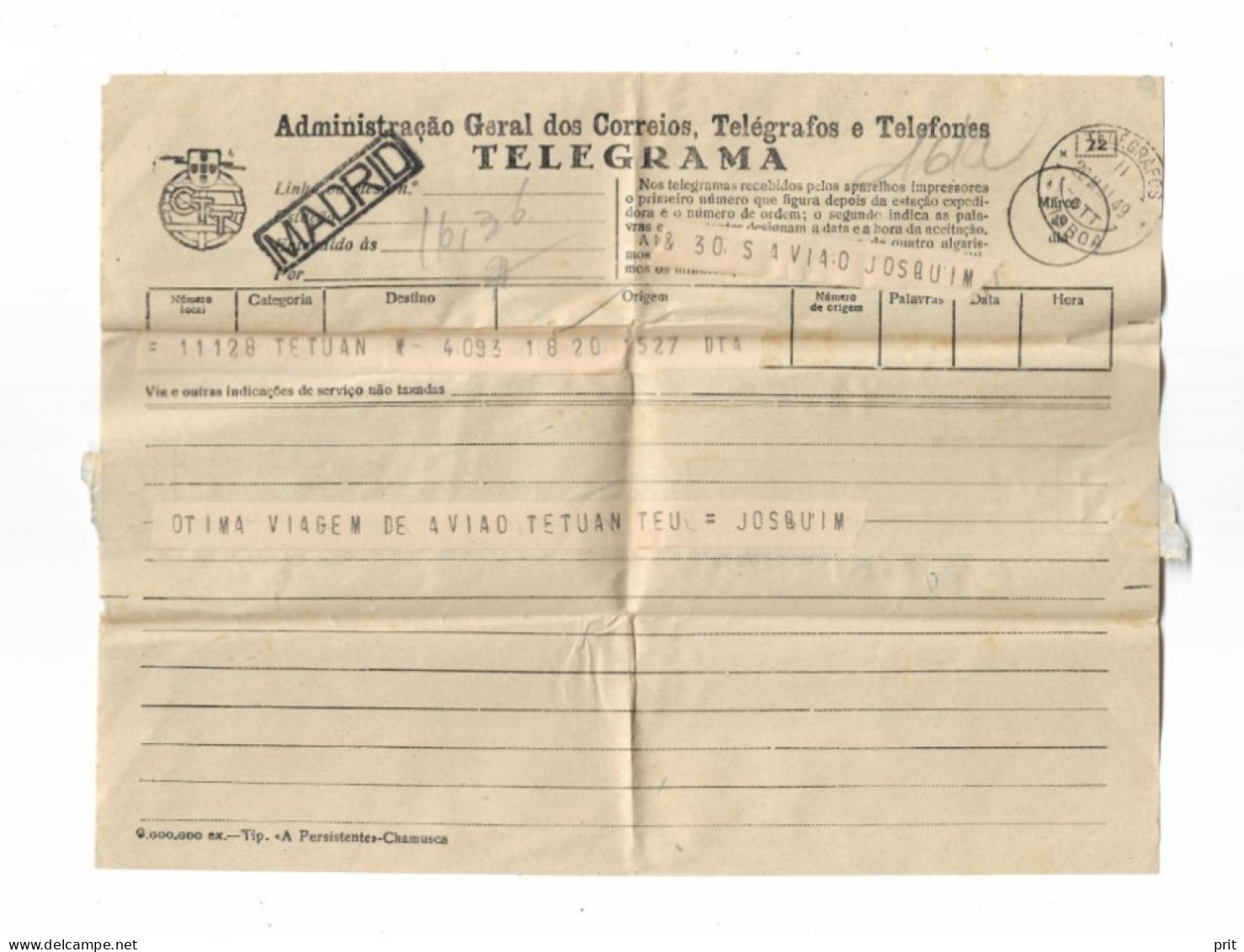 Telegram Telegrama From Tetuan Spanish Morocco Via Madrid To Lisbon Telegrafos Lisboa Portugal 1949 Rare Item - Briefe U. Dokumente