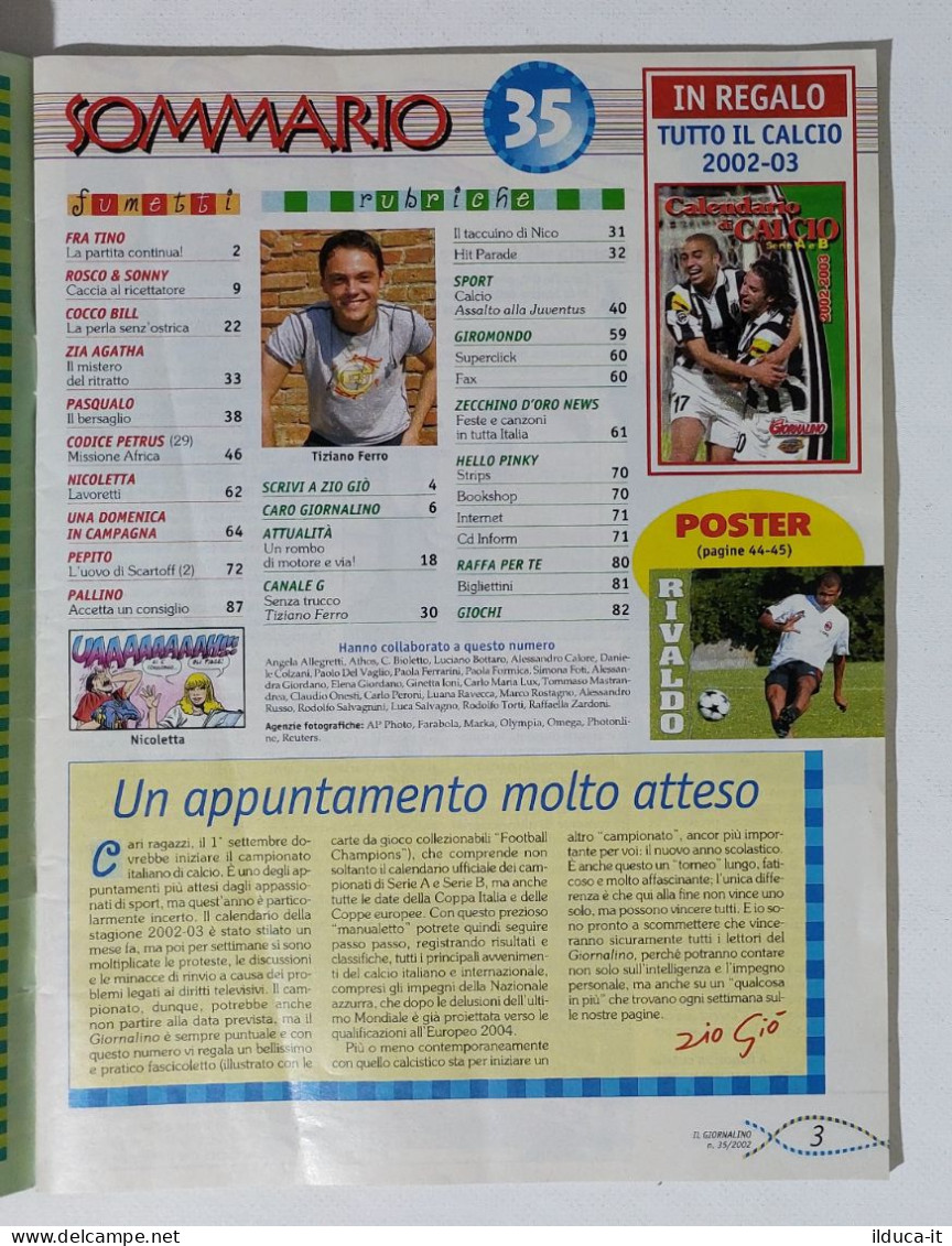 I115551 IL GIORNALINO 2002 A. LXXVIII N. 35 - Tiziano Ferro + Poster Rivaldo - Umoristici