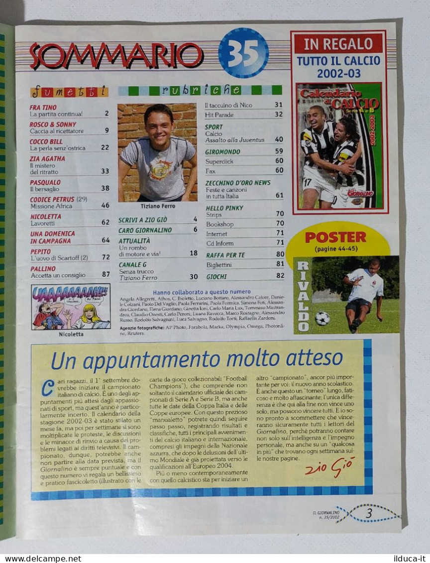 I115551 IL GIORNALINO 2002 A. LXXVIII N. 35 - Tiziano Ferro + Poster Rivaldo - Humoristiques
