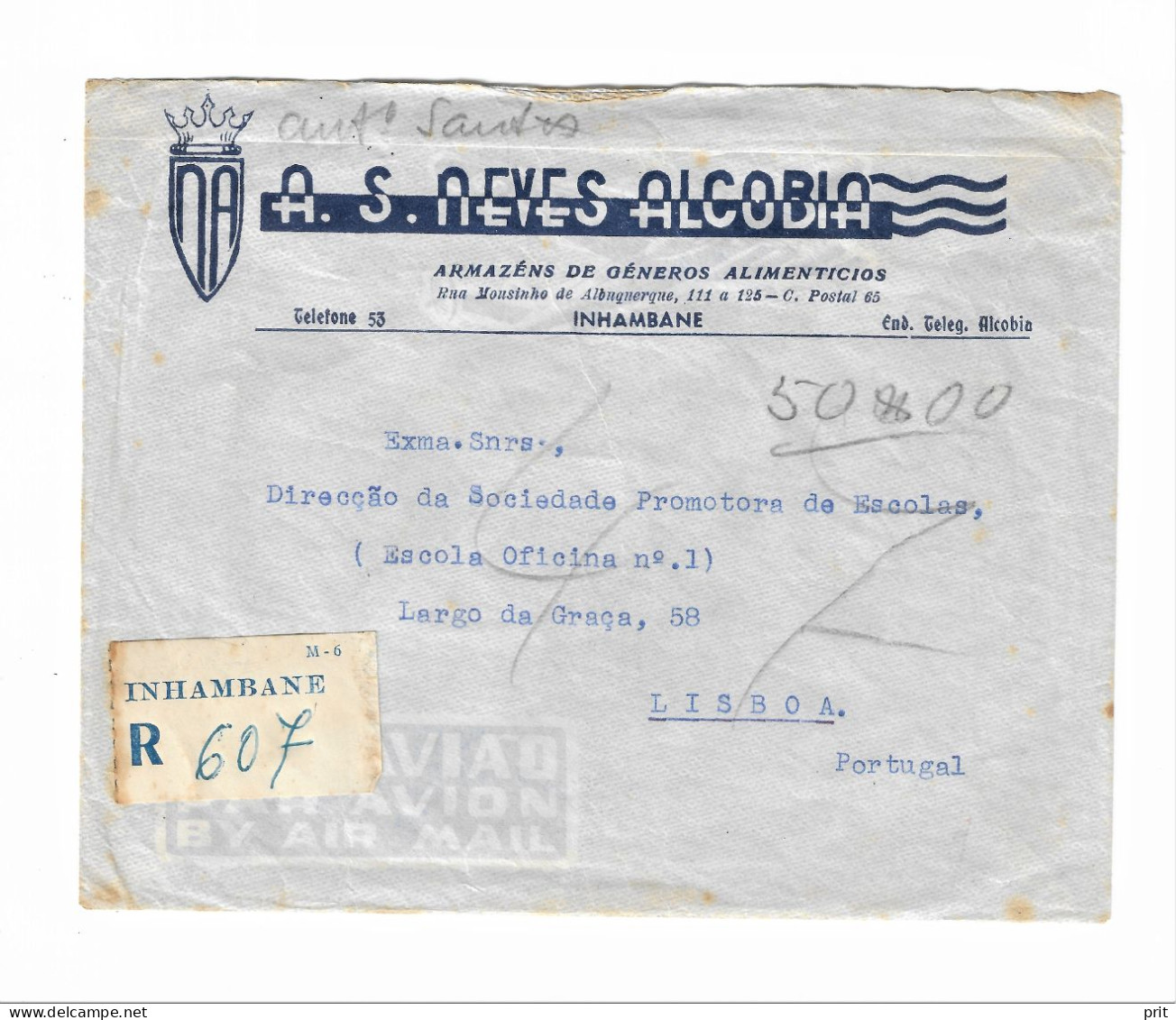 Registered Airmail Cover From Inhambane Portuguese Mozambique To Lisbon Portugal 1957 Nice Stamps Backside - Inhambane