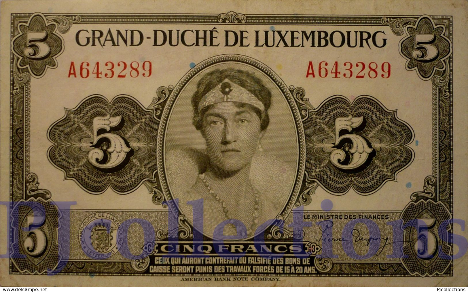 LUXEMBOURG 5 FRANCS 1944 PICK 43b VF - Lussemburgo