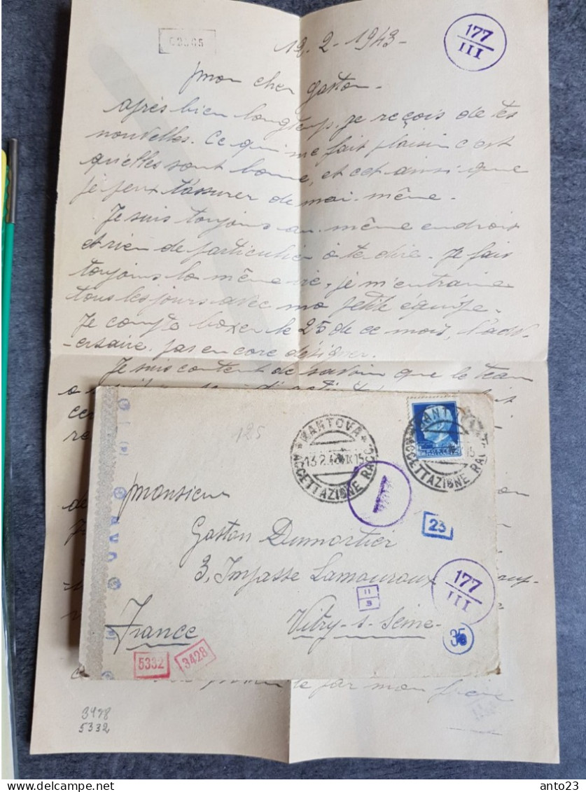 ITALIE: 2 EME GUERRE MONDIALE  Mantova Pour Vitry Sur Seine France  Beau  Cachets De Censure Avec Correspondance Censuré - Other & Unclassified