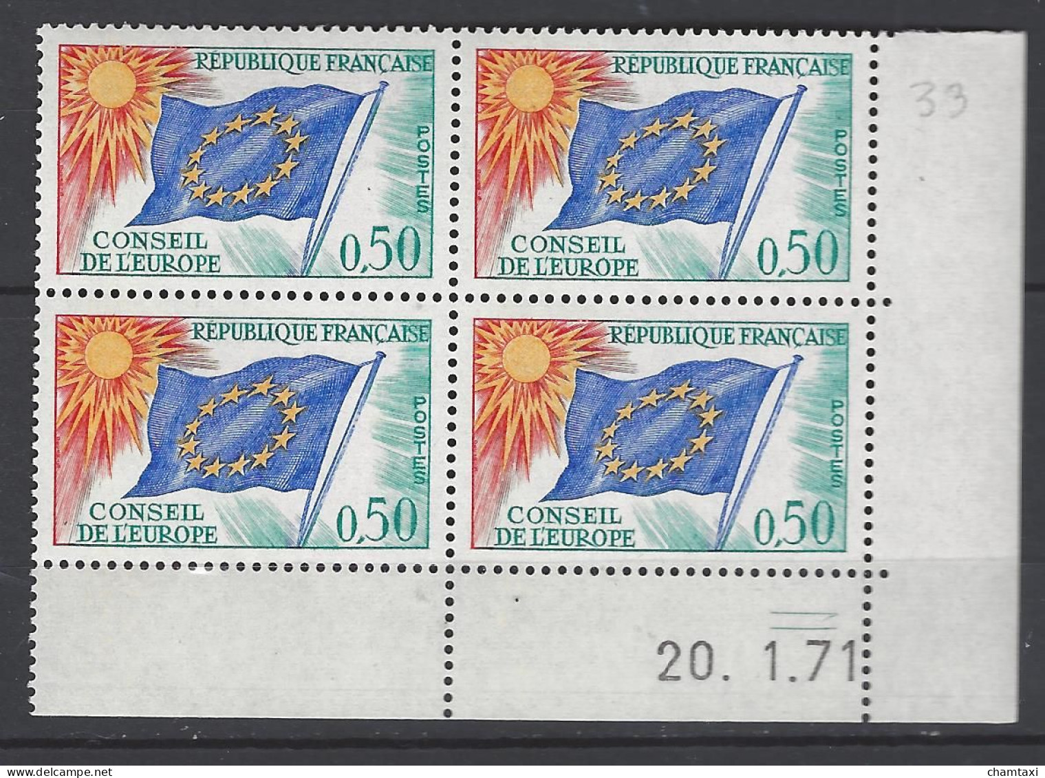 CD 33 FRANCE 1971 TIMBRE SERVICE CONSEIL DE L EUROPE DRAPEAU TYPE 1958 1959  COIN DATE 33 : 20 / 1 / 71 - Servizio