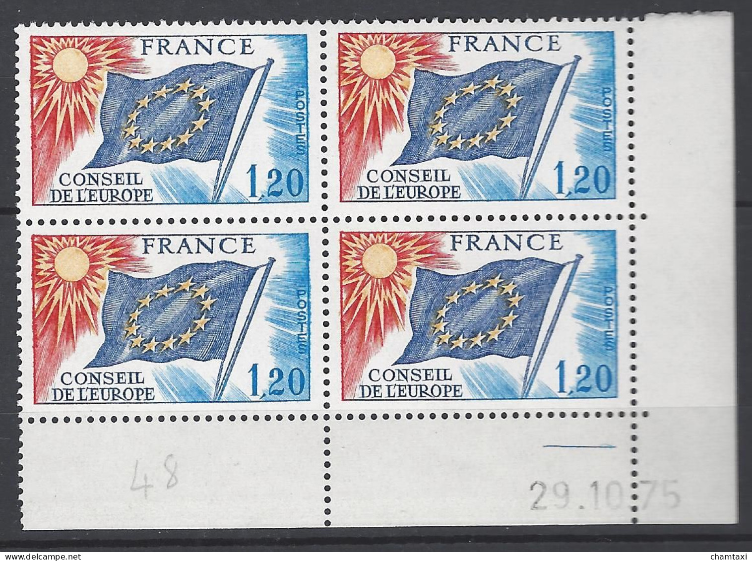 CD 48 FRANCE 1975 TIMBRE SERVICE CONSEIL DE L EUROPE DRAPEAU TYPE 1958 1959  COIN DATE 48 : 29 / 10 / 75 - Dienstzegels