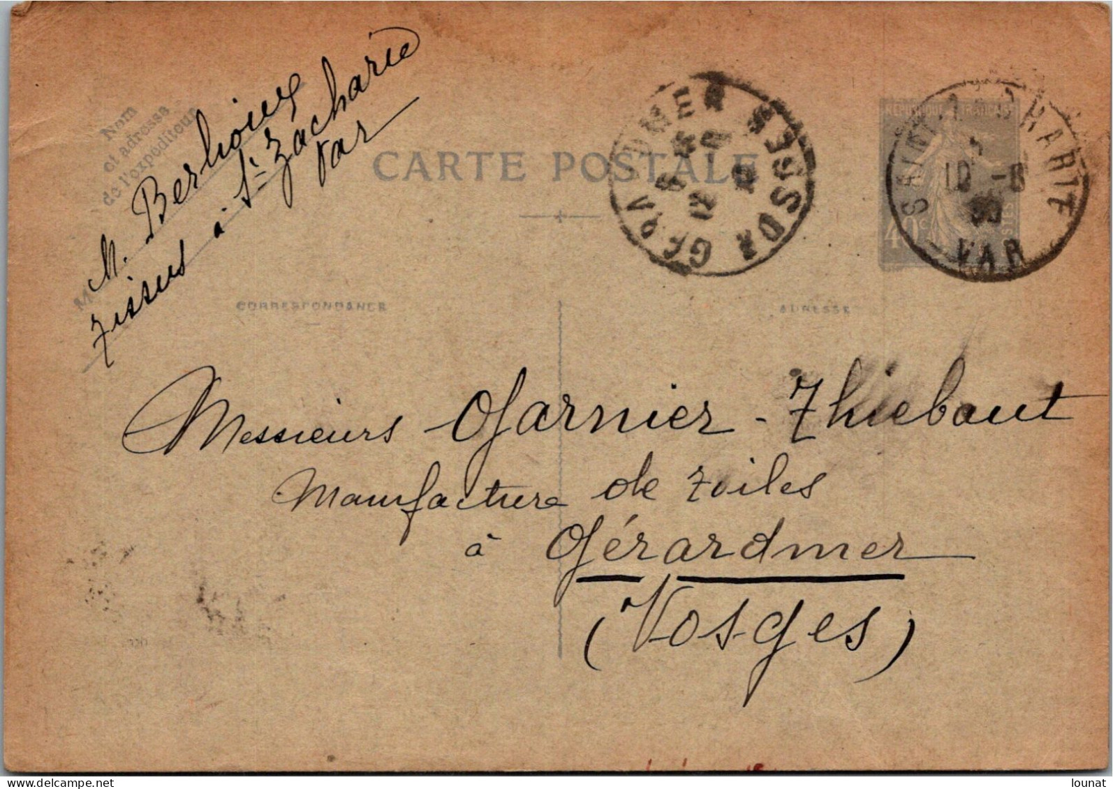 83 Saint ZACHARIE - Berlioux   - Entiers Postaux Année 1930 - Saint-Zacharie