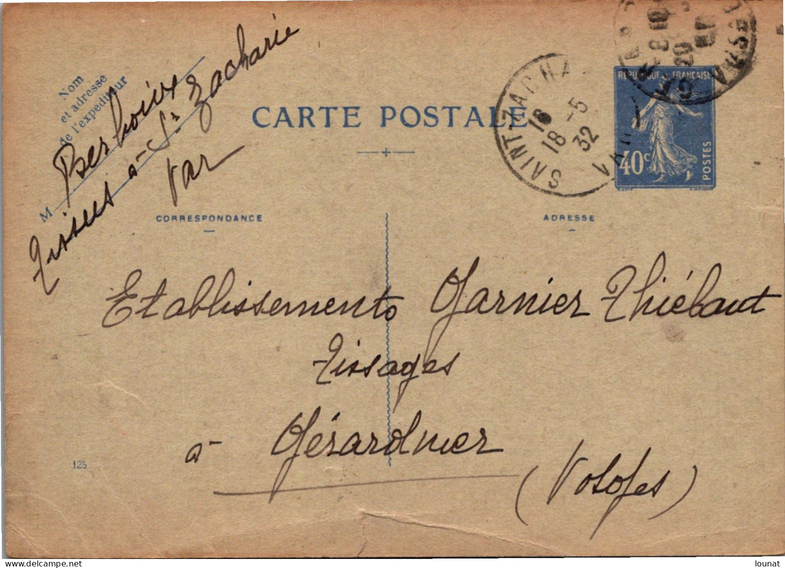 83 Saint ZACHARIE - Berlioux   - Entiers Postaux Année 1932 (coupure Milieux Bas) - Saint-Zacharie