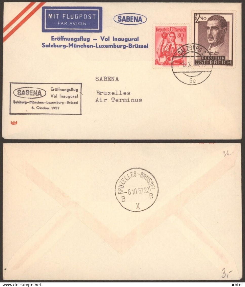 AUSTRIA 1957 PRIMER VUELO SABENA SALZBURG MUNCHEN LUXEMBURG BRUSSEL CON LLEGADA - Altri & Non Classificati