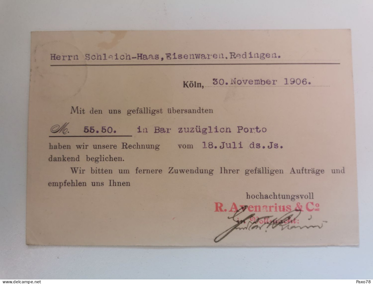 Postkarte, R. Avenarius & CO, Koln 1906 Envoyé Au Luxembourg Redange Attert - Sonstige & Ohne Zuordnung