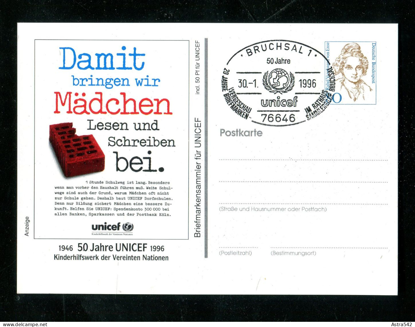 "BUNDESREPUBLIK DEUTSCHLAND" 1996, Privatpostkarte "UNICEF" SSt. "Bruchsal" (16760) - Postales Privados - Usados