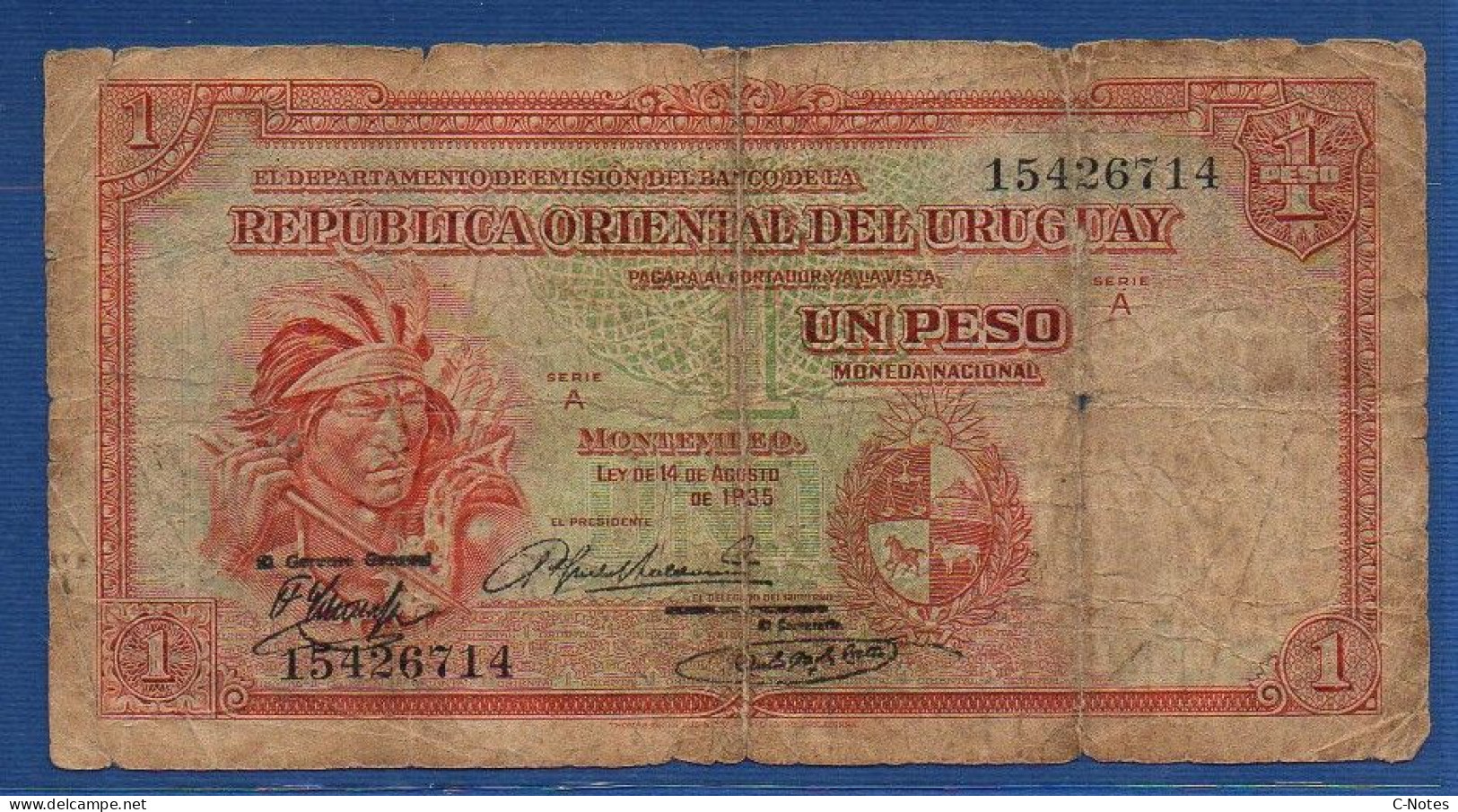 URUGUAY - P. 28d – 1 Peso 1935 Circulated G/VG S/n 15426714 - Uruguay