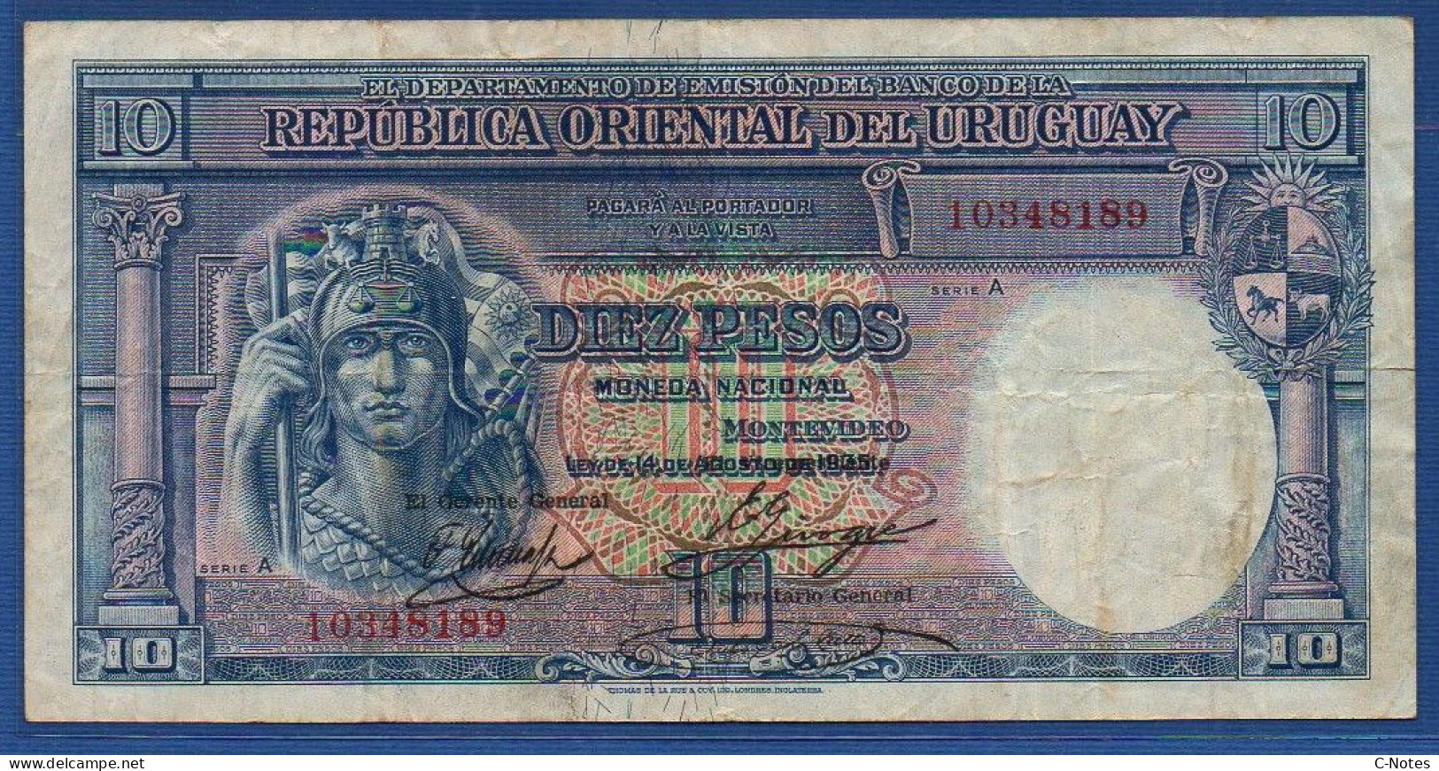 URUGUAY - P. 30b – 10 Pesos 1935 Circulated F/VF, S/n 10348189 - Uruguay