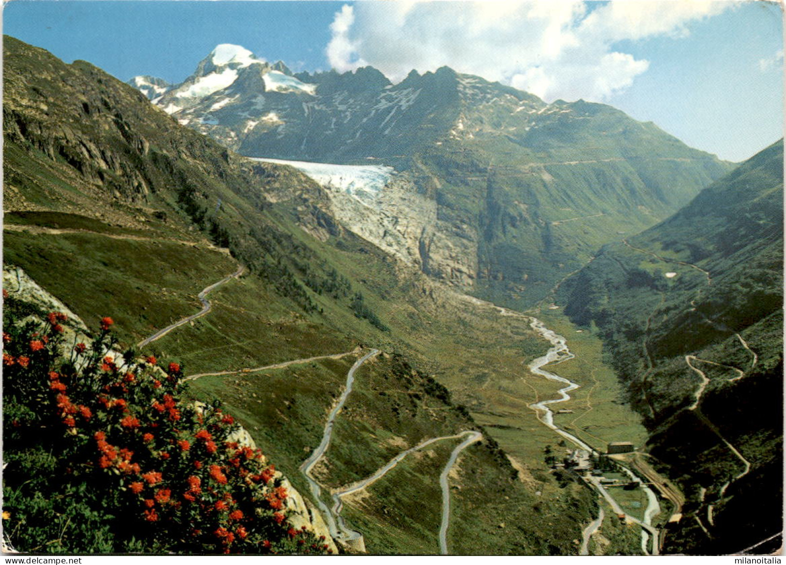 Gletsch Mit Furka- Und Grimselpasstrasse, Rhonegletscher Und Galenstock (4071) * 24. 7. 1989 - Lens