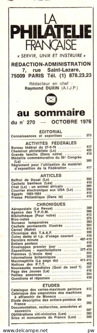 REVUE LA PHILATELIE FRANCAISE Année 1976 (n° 270) - Französisch (ab 1941)