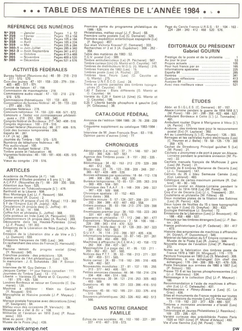 REVUE LA PHILATELIE FRANCAISE Année 1984 Complète (n° 355 à 366) - Français (àpd. 1941)